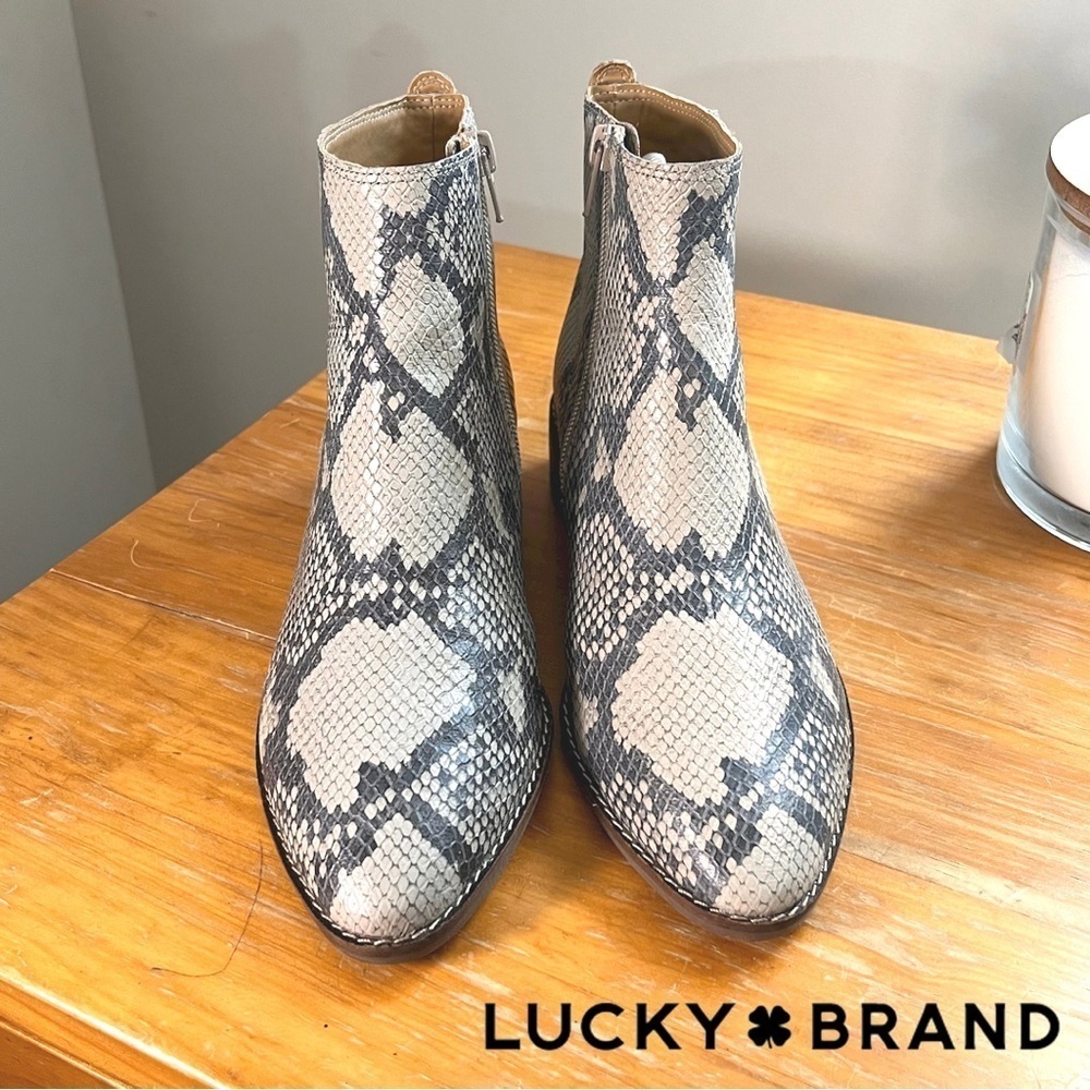 Lucky Brand Snake-Print Ankle Boots in Beige and Gray